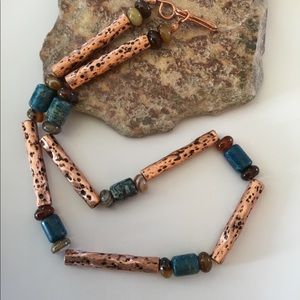 Hammered Copper Beads Blue Agate Necklace